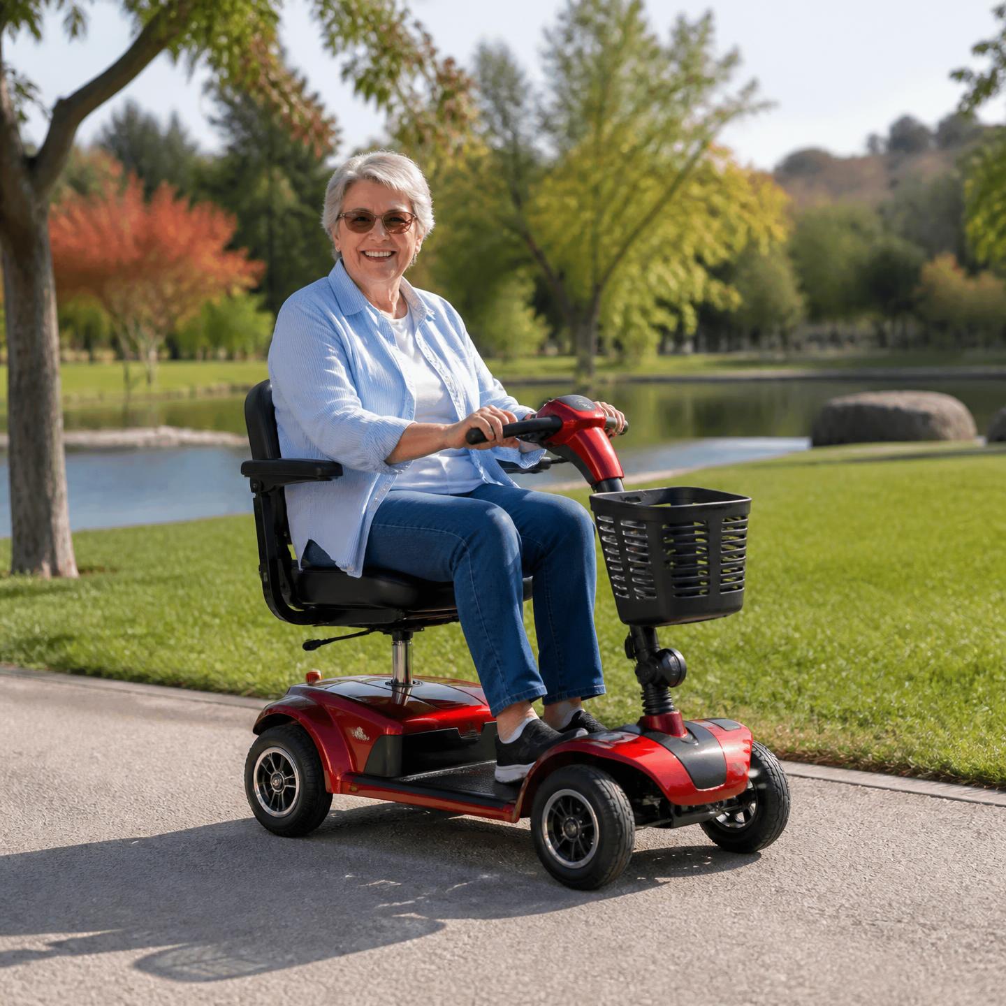 Customer riding the red mobility scooter with a full front basket outdoors